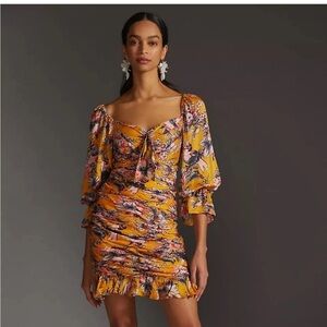 ANTHROPOLOGIE RANNA GILL Womens Ruched Yellow Floral Mini Cocktail Date Dress XL